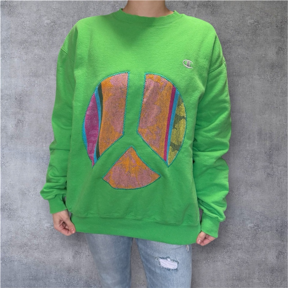 Upcycled Champion Green Peace Sign Crewneck‎ Sweatshirt |  Size Large